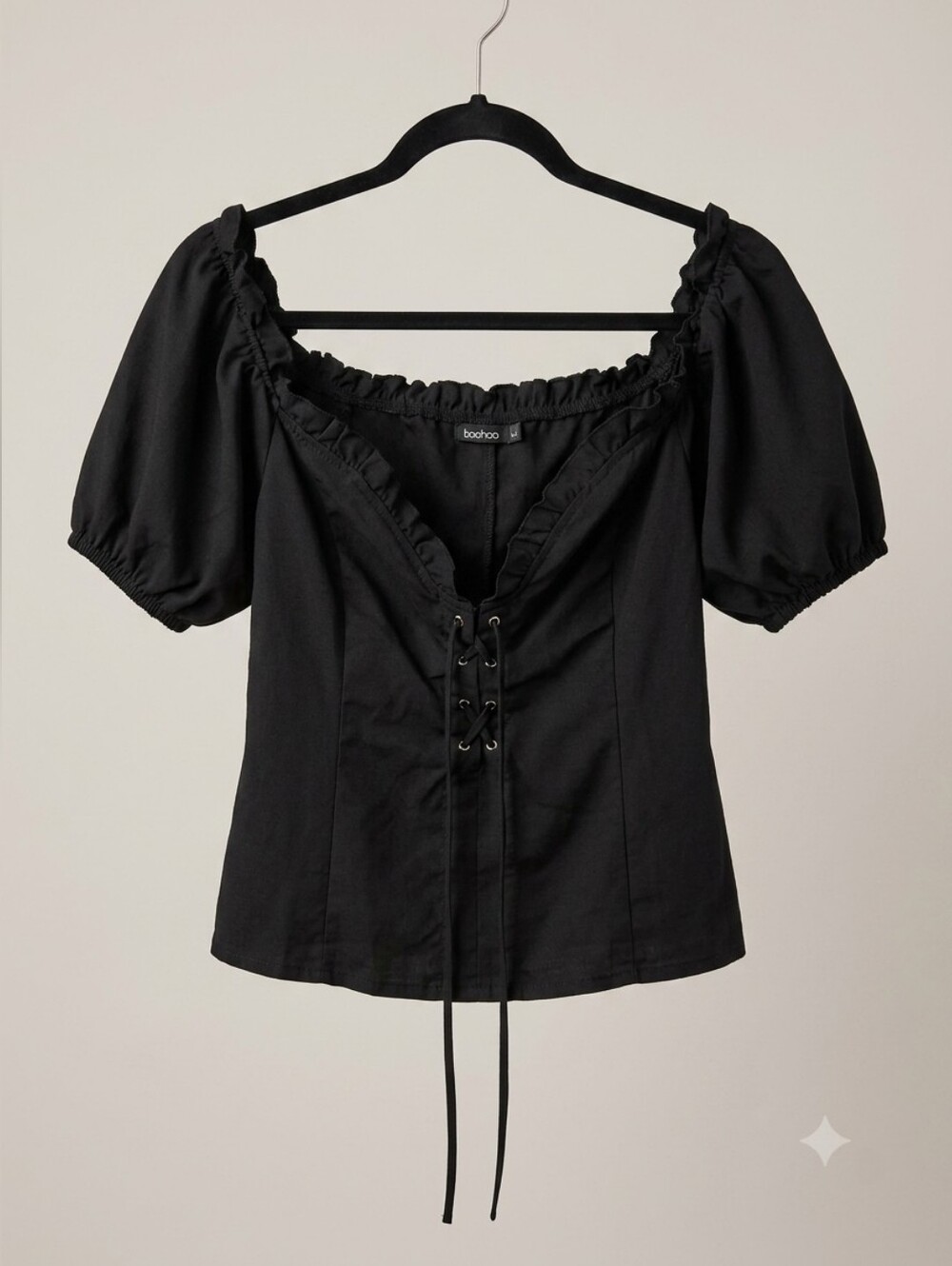boohoo Black Lace Up Milkmaid Corset Top Puff Sleeve Size L (14)